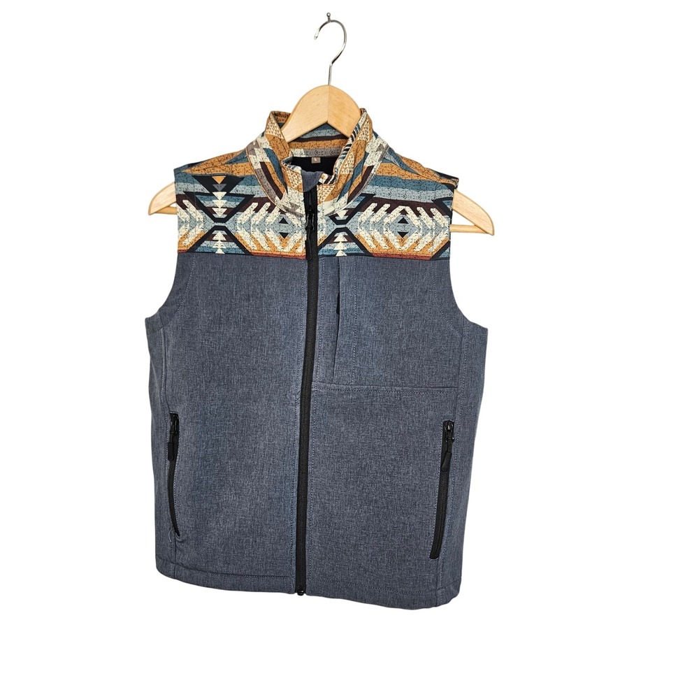Kids Gray Softshell Aztec Western Vest Full Zip Mock Neck‎ Southwestern Size L